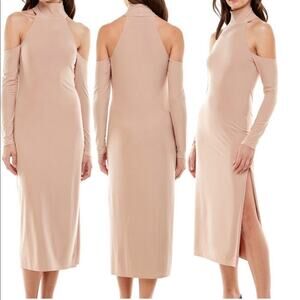 WAYF Twin Flame Nude Cold Shoulder High Neck Midi Dress Large NEW